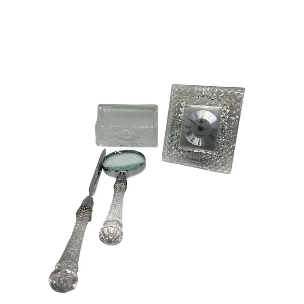 Madison Bay Crystal Desk Set with Clock, Letter Opener & Magnifier
